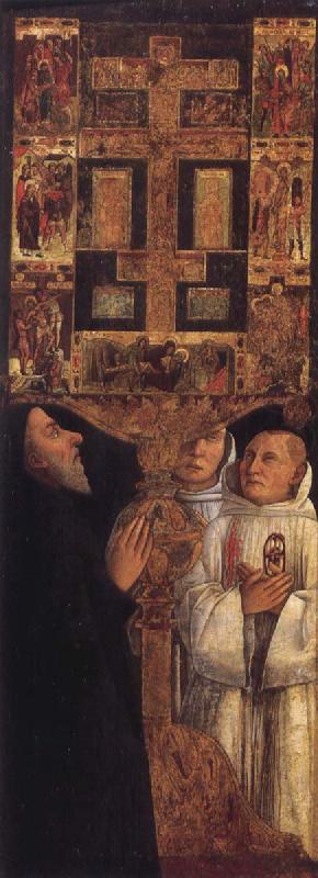 Cardinal Bessarion before his reliquary containing a piece of the True Cross,Along with two brothers of the Scuola della Carita in Venice, Gentile Bellini
